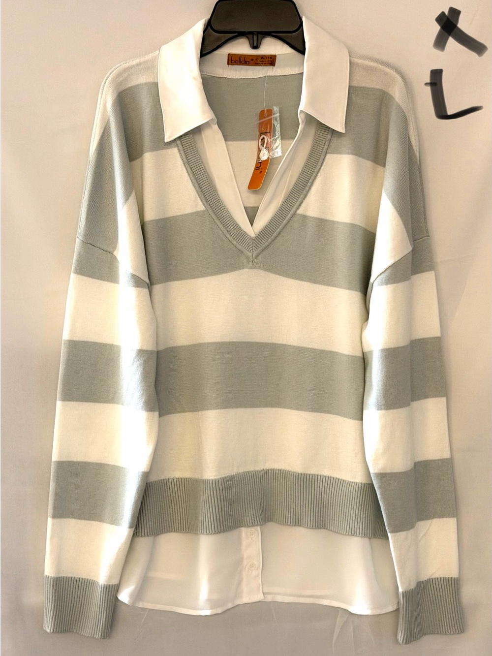 Belldini White and Light Gray Striped V-Neck Sweater with Shirt Collar
